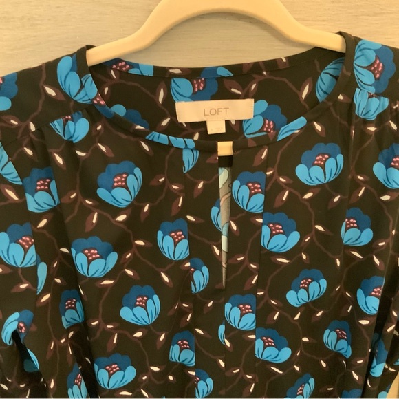 LOFT Black Blue Floral Print Shirt Dress Medium Band Collar Like New - Picture 3 of 9